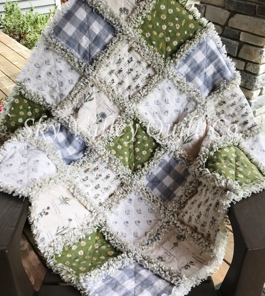 Pre Cut Rag Quilt KIT - Isabel's Garden~ daisy and floral, green, cream, gray gingham and white, farmhouse