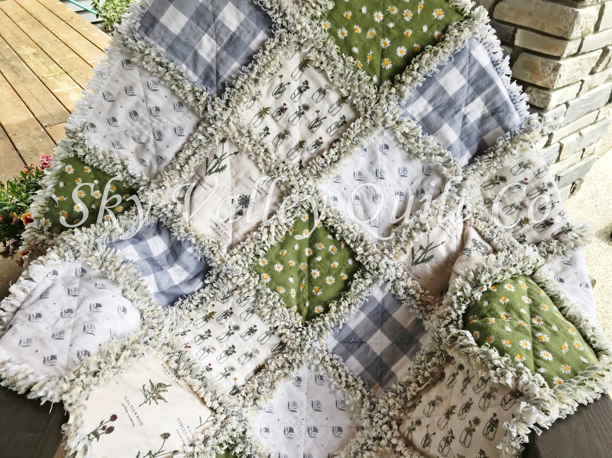 Pre Cut Rag Quilt KIT - Isabel's Garden~ daisy and floral, green, cream, gray gingham and white, farmhouse