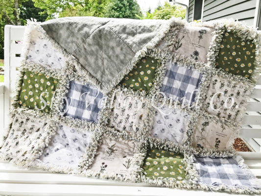 Pre Cut Rag Quilt KIT - daisy and floral, green, cream, gray gingham and white, farmhouse style