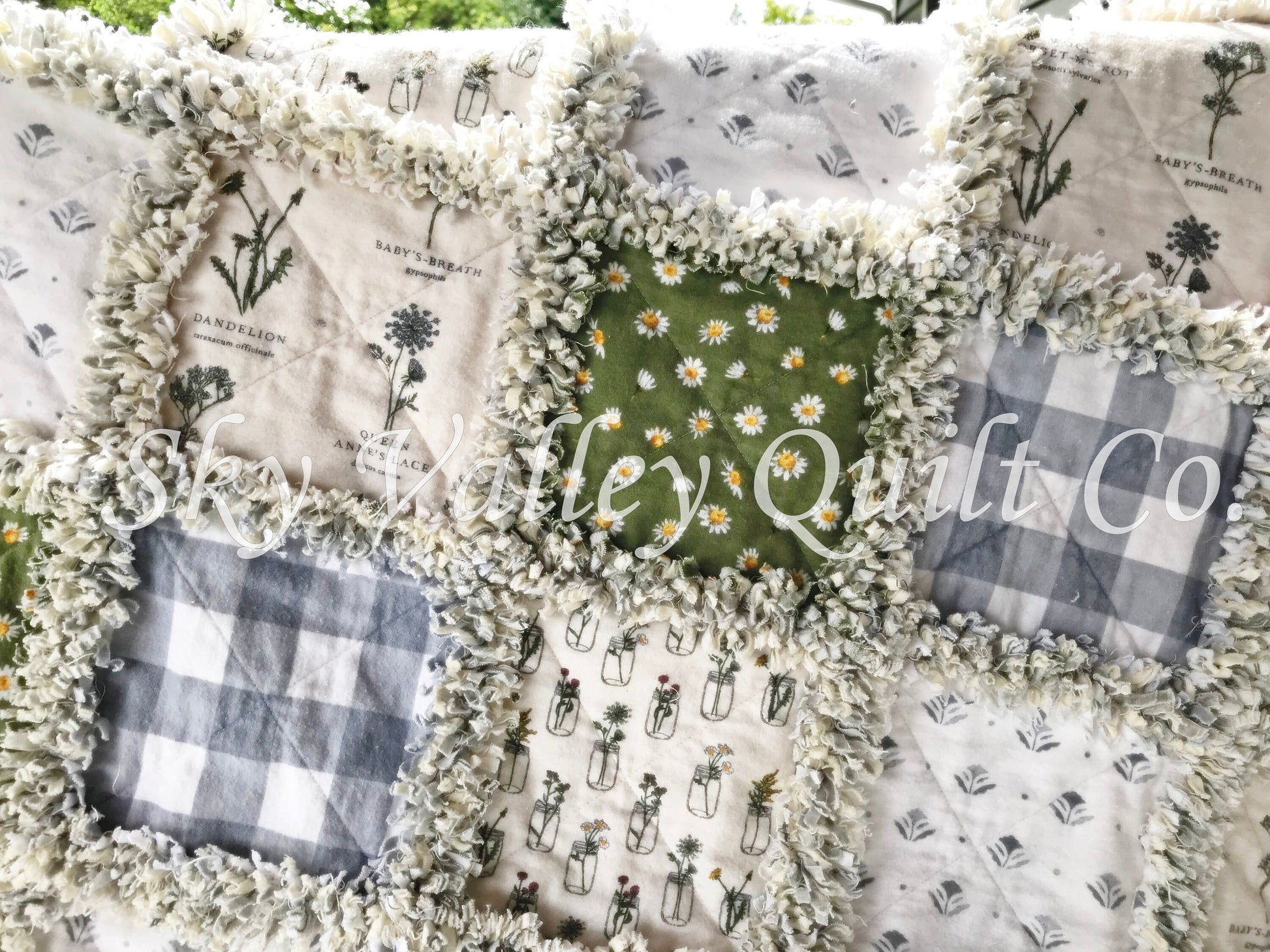 Pre Cut Rag Quilt KIT - Isabel's Garden~ daisy and floral, green, cream, gray gingham and white, farmhouse