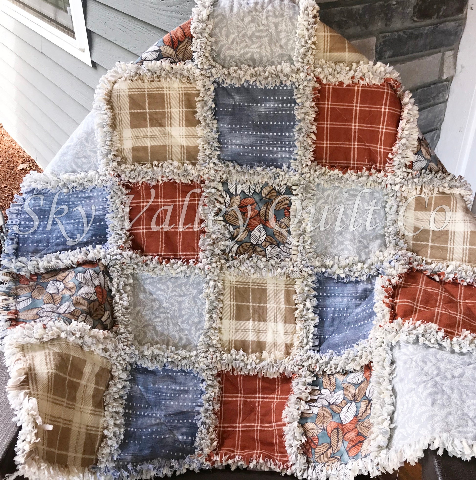 Pre Cut Rag Quilt~ Fall leaves, rust, blue, gray, and gray