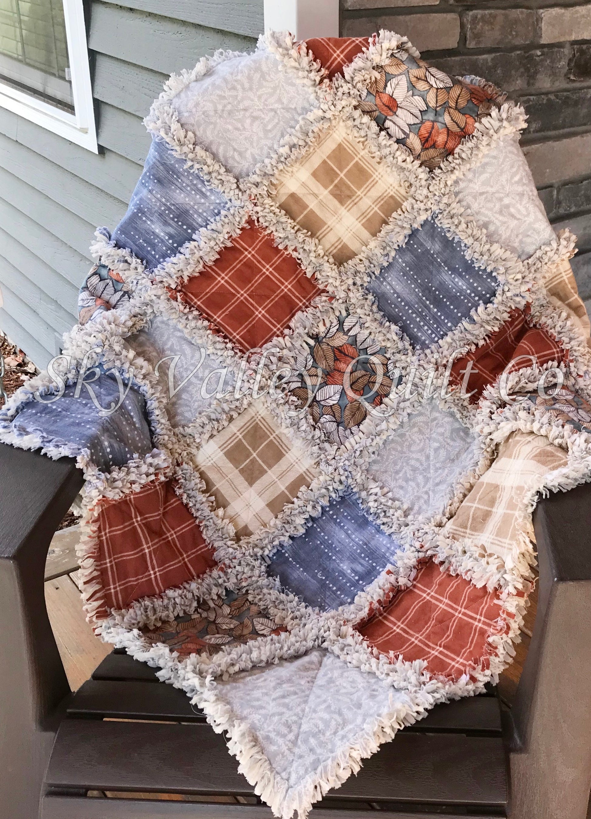 Pre Cut Rag Quilt~ Fall leaves, rust, blue, gray, and gray