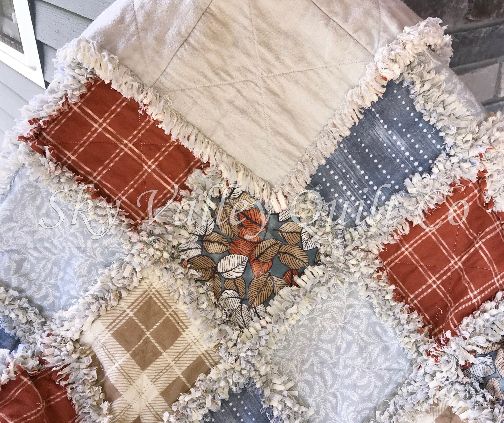 Pre Cut Rag Quilt~ Fall leaves, rust, blue, gray, and gray