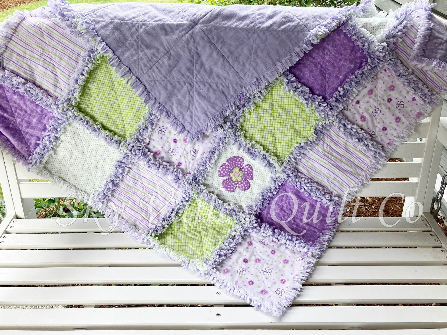 Finished and ready to ship Rag Quilt ~ funky flowers, lavender, purple, green and white