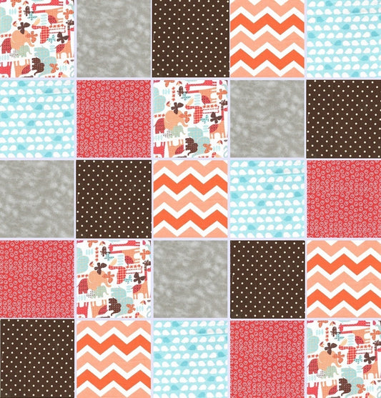 Pre Cut gender neutral Rag Quilt KIT - zoo animals in red, aqua, orange, gray, and brown minky dot.