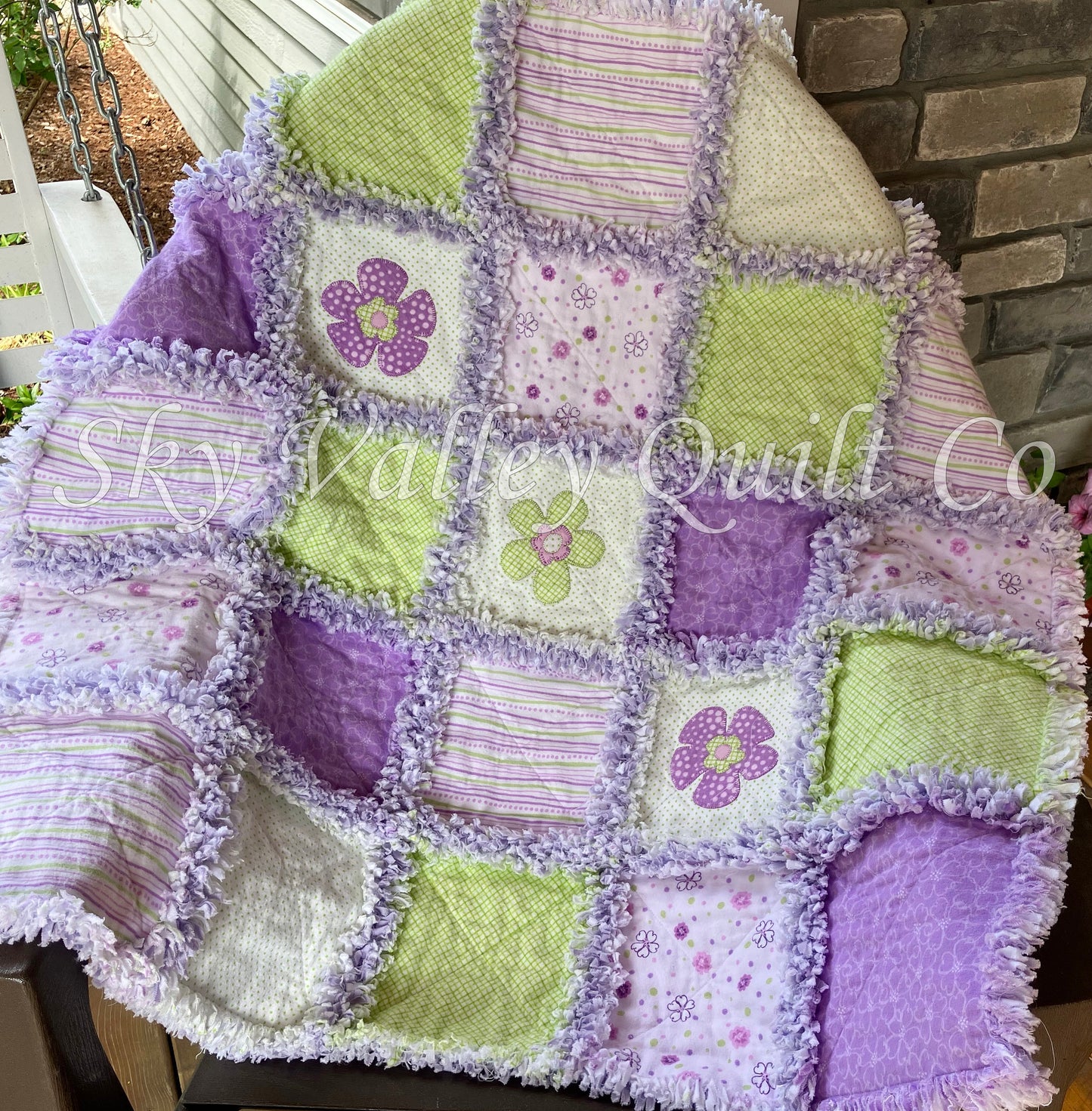 Finished and ready to ship Rag Quilt ~ funky flowers, lavender, purple, green and white