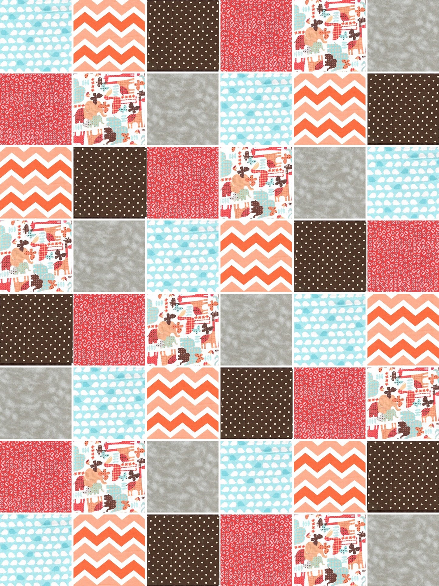 Pre Cut gender neutral Rag Quilt KIT - zoo animals in red, aqua, orange, gray, and brown minky dot.