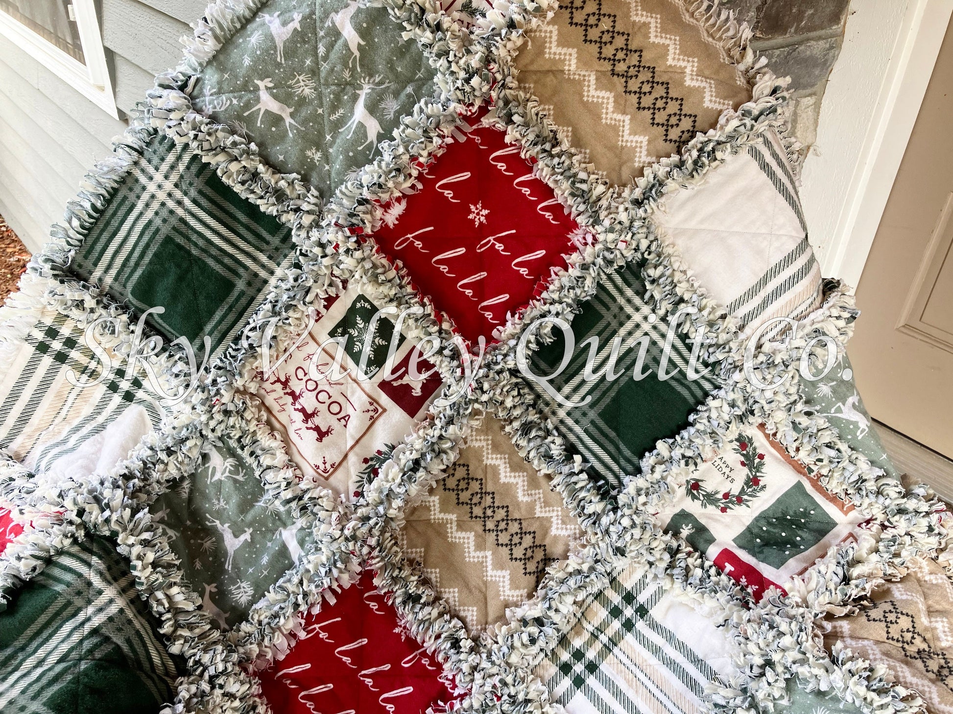 Pre Cut Rag Quilt KIT~ holiday sampler Christmas, green, red and beige.