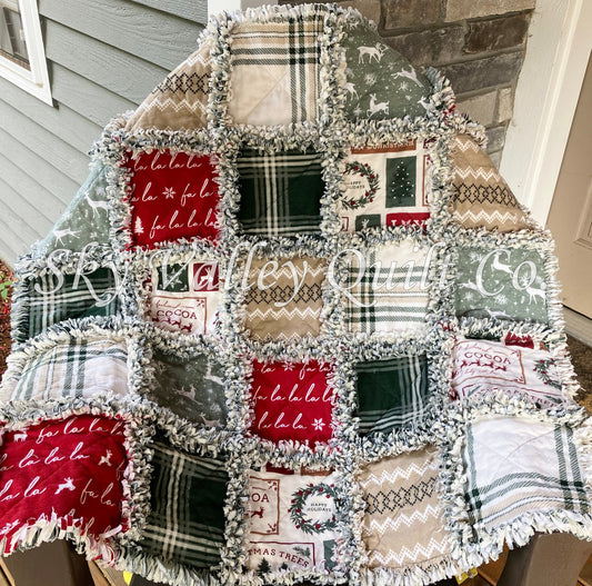 Pre Cut Rag Quilt~ holiday sampler Christmas, green, red and beige.