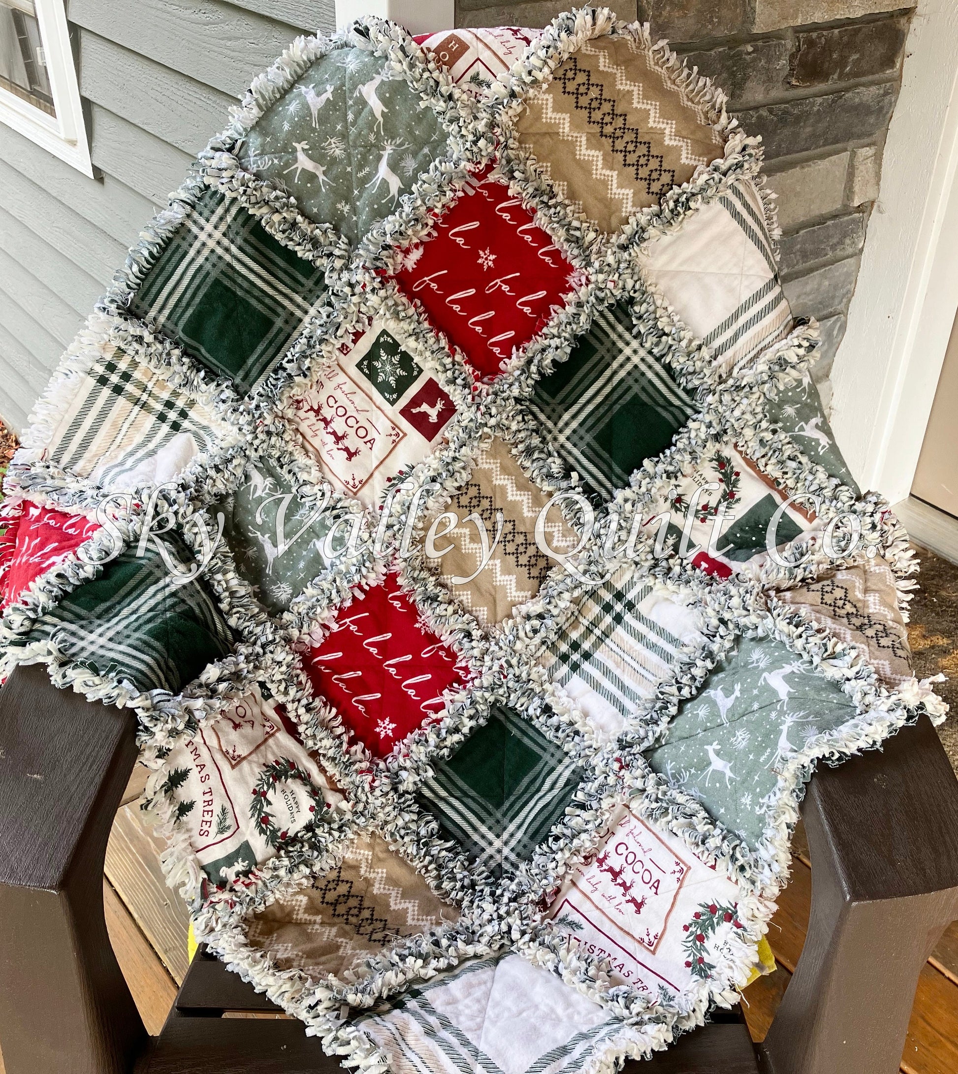 Pre Cut Rag Quilt~ holiday sampler Christmas, green, red and beige.