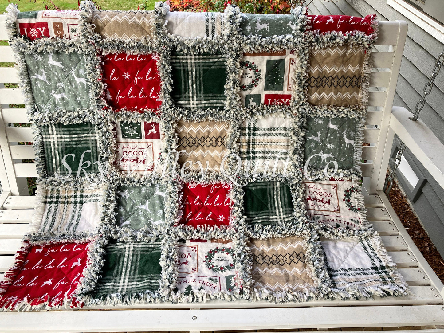 Pre Cut Rag Quilt~ holiday sampler Christmas, green, red and beige.