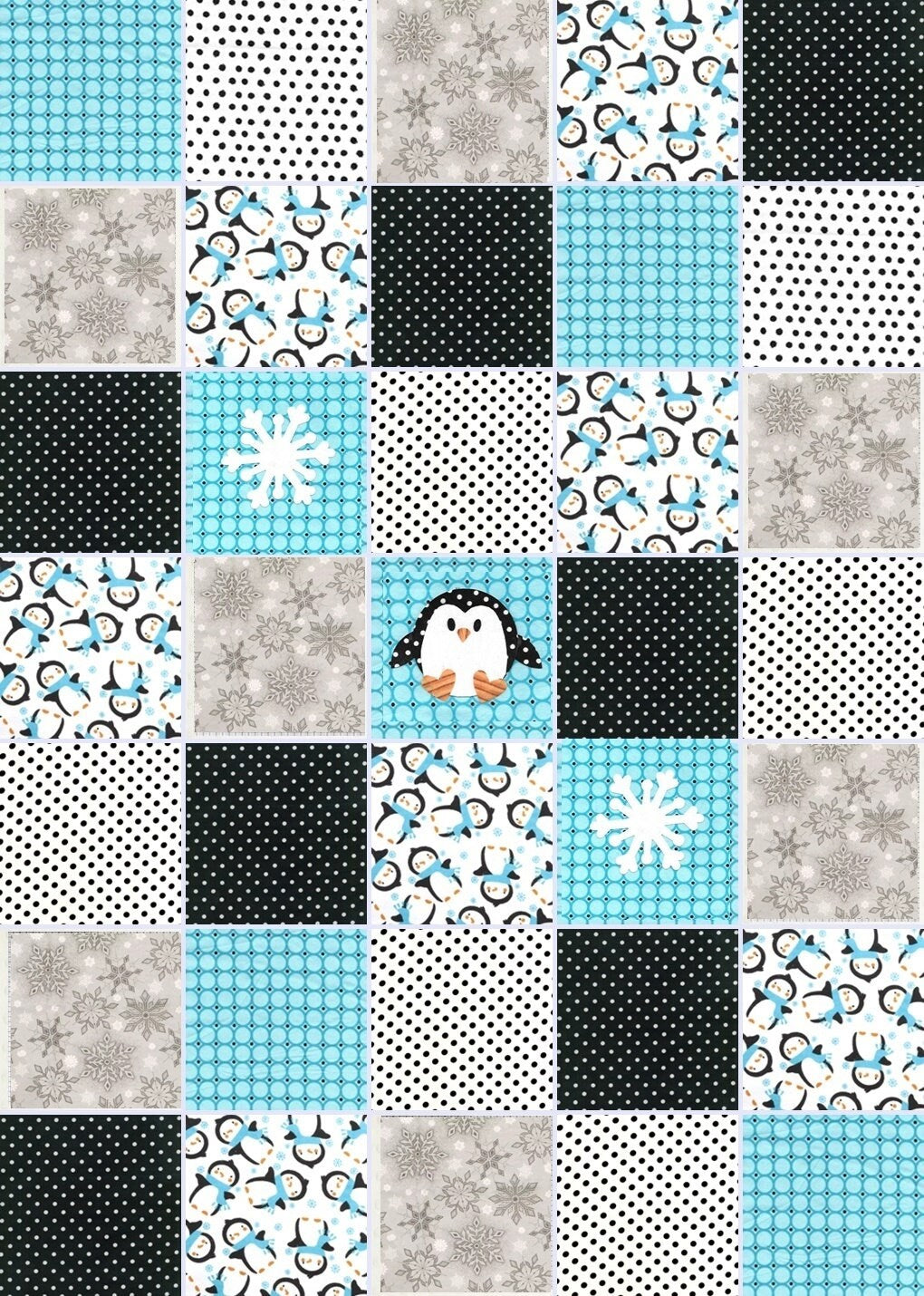 Pre CUT Rag Quilt kit ~ Winter Penguin and snowflakes