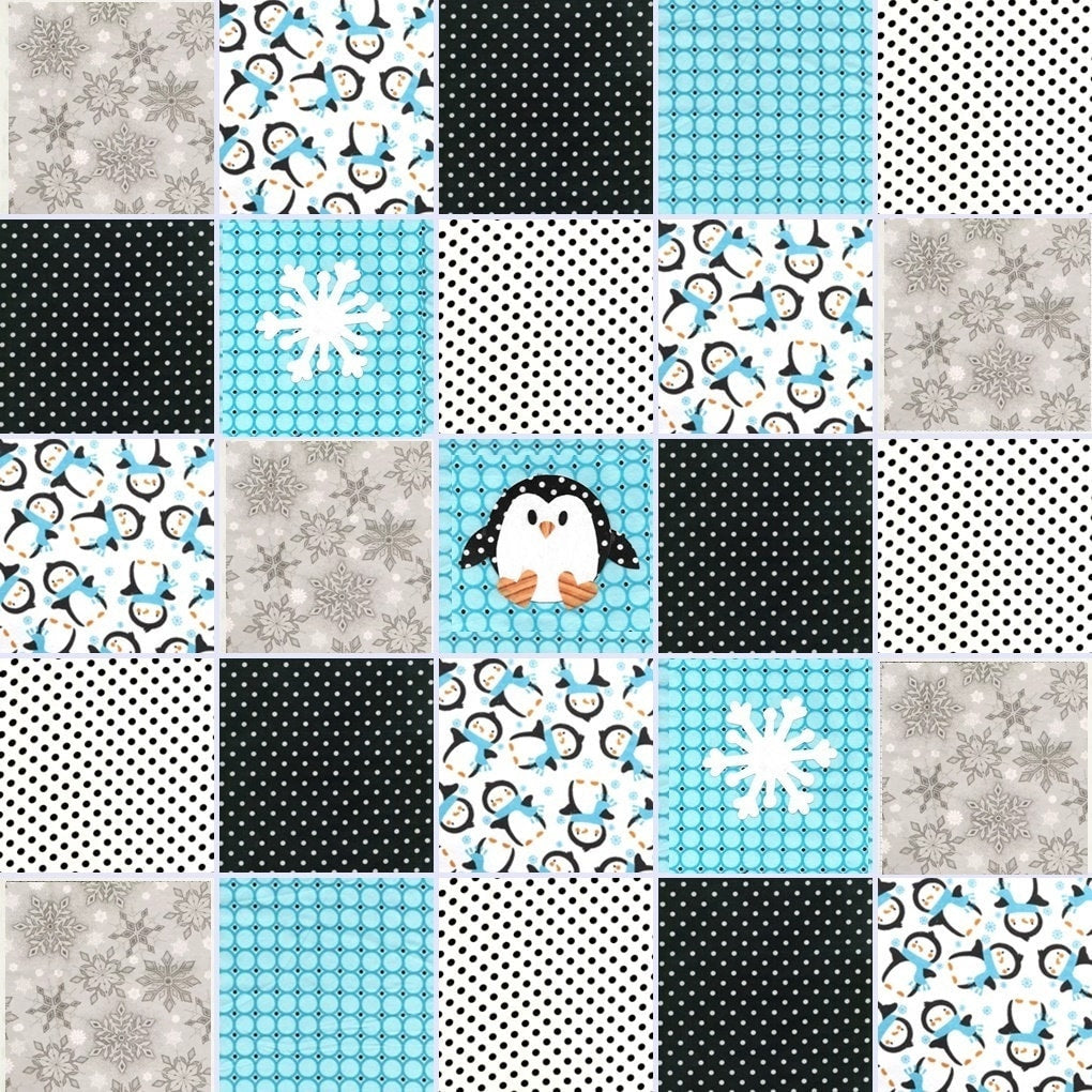 Pre CUT Rag Quilt kit ~ Winter Penguin and snowflakes