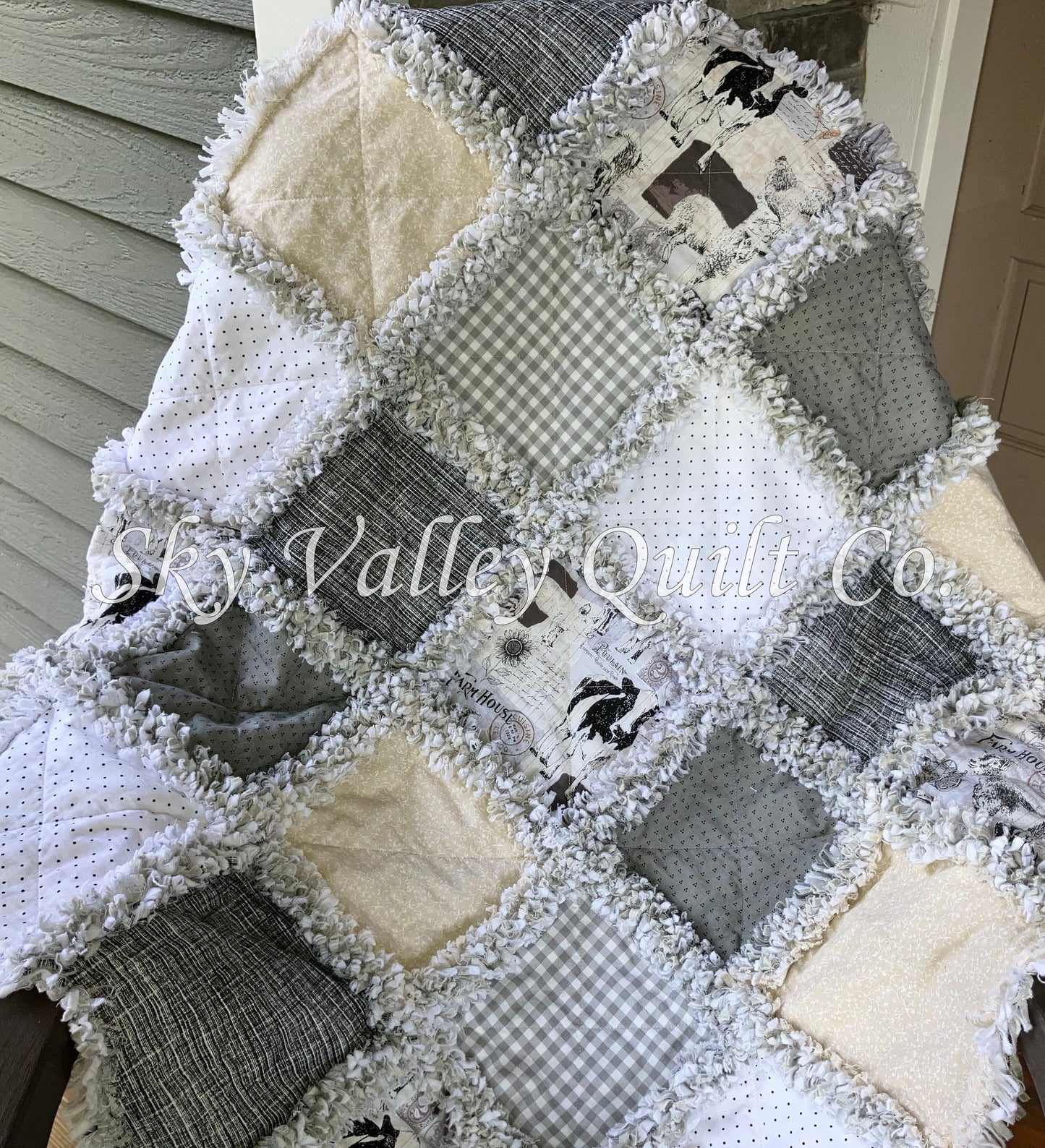 Pre CUT Rag Quilt KIT ~ Farm house chic neutral pallet, cream and gray, chickens cows, goats