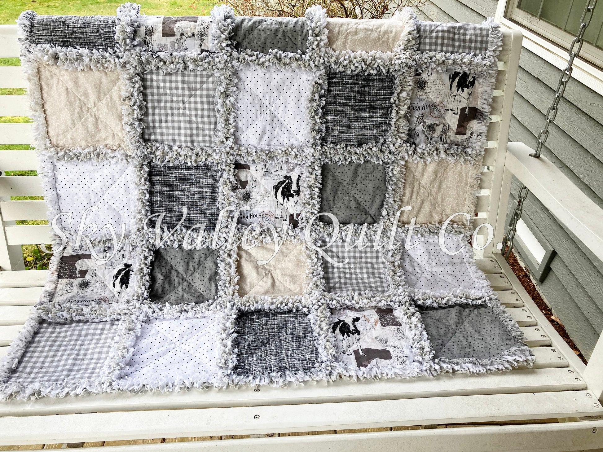 Pre CUT Rag Quilt KIT ~ Farm house chic neutral pallet, cream and gray, chickens cows, goats