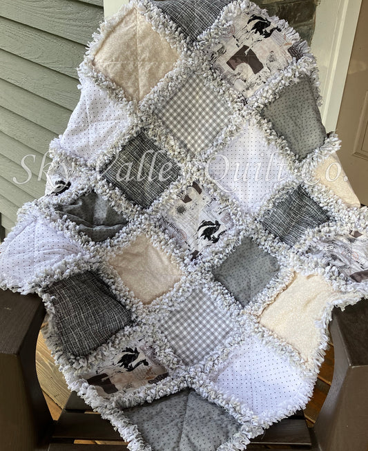 Pre CUT Rag Quilt KIT ~ Farm house chic neutral pallet, cream and gray, chickens cows, goats