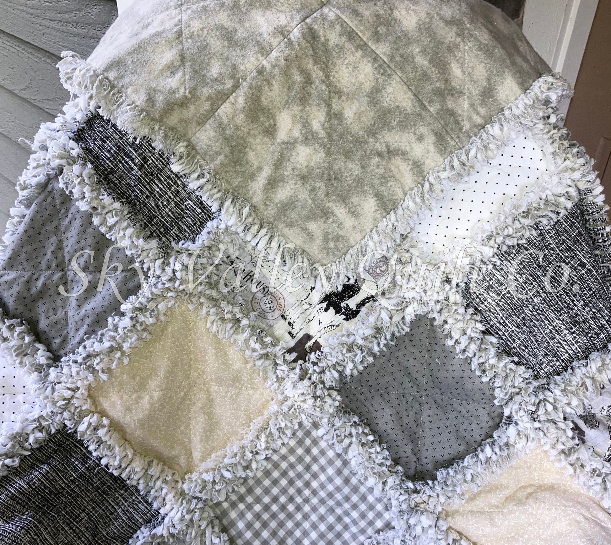 Pre CUT Rag Quilt KIT ~ Farm house chic neutral pallet, cream and gray, chickens cows, goats