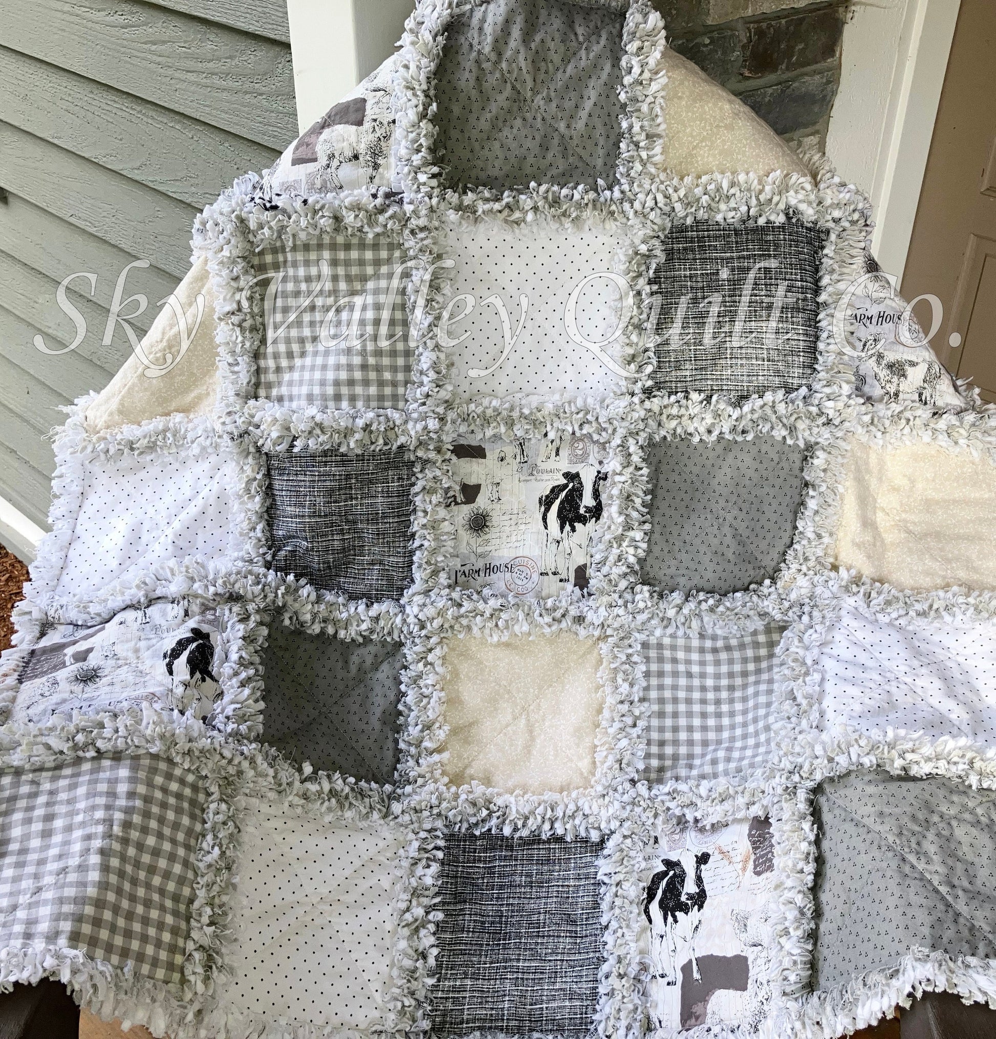 Pre CUT Rag Quilt KIT ~ Farm house chic neutral pallet, cream and gray, chickens cows, goats