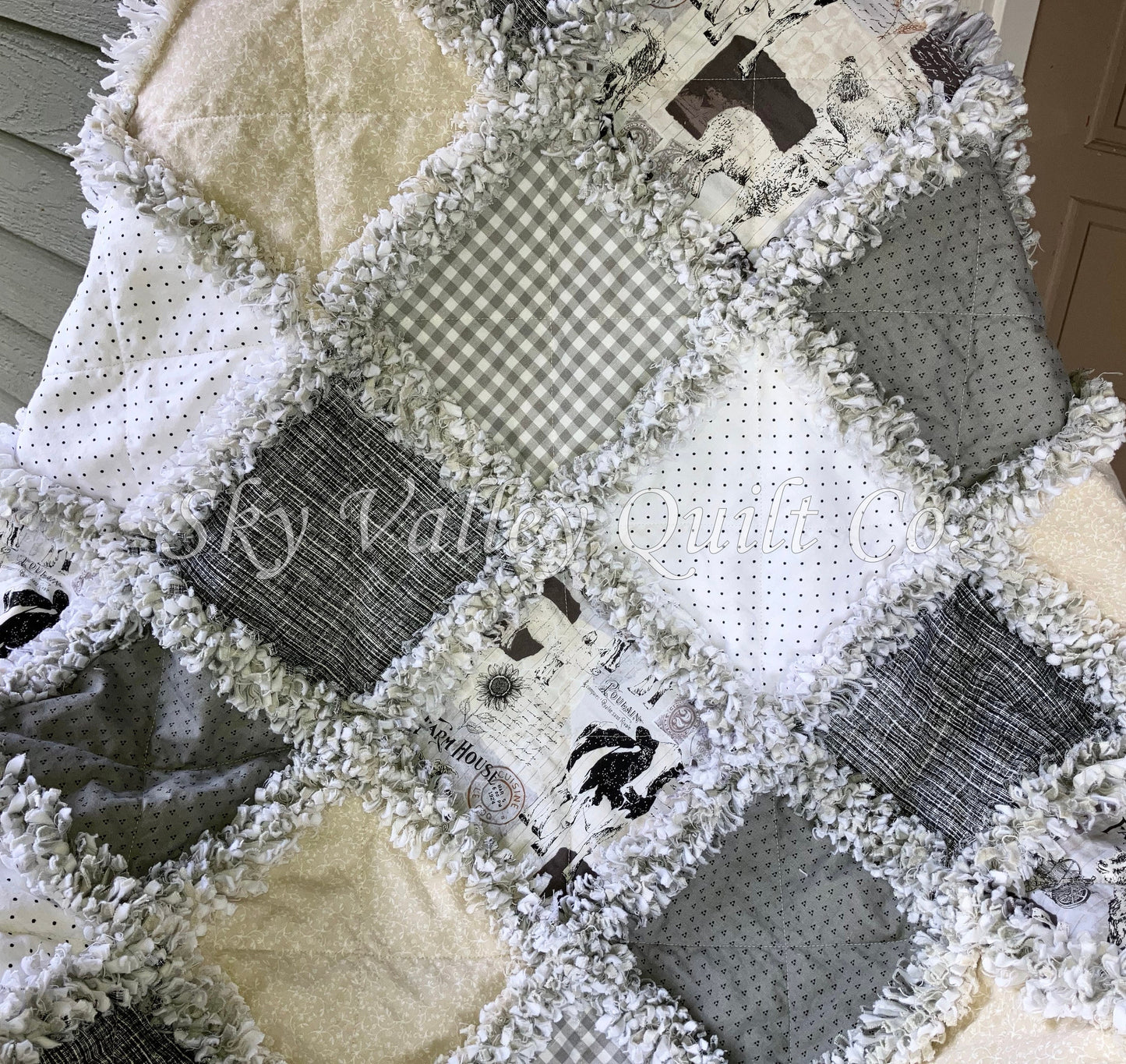 Pre CUT Rag Quilt KIT ~ Farm house chic neutral pallet, cream and gray, chickens cows, goats