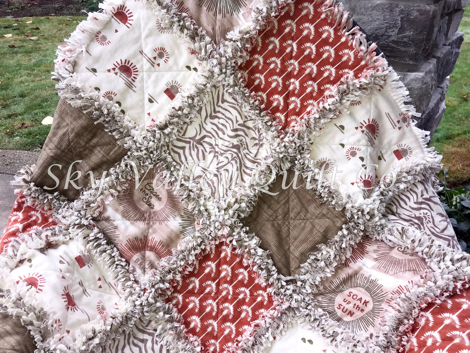 Pre Cut Rag Quilt KIT - Summer Oasis, rust, white, green and beige flannels~ boho