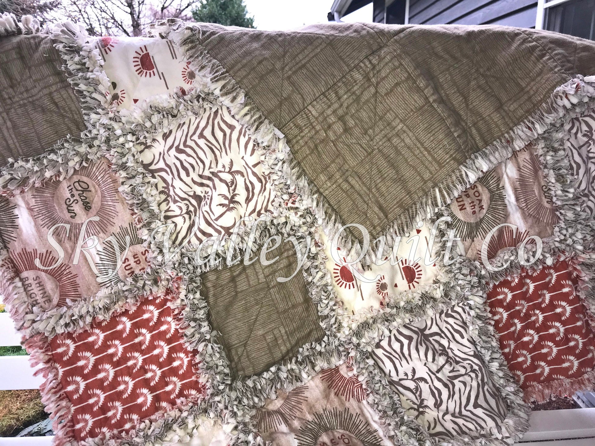 Pre Cut Rag Quilt KIT - Summer Oasis, rust, white, green and beige flannels~ boho