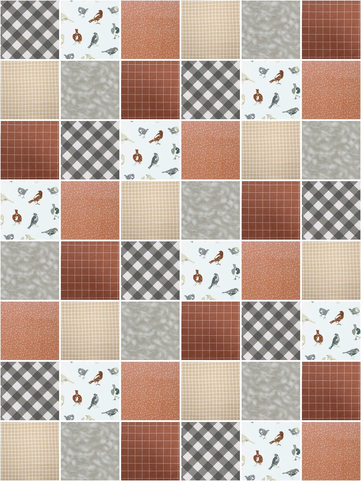 Pre Cut Rag Quilt KIT - Sweater Weather, rust, white, gray and cream flannels~ birds chickadee