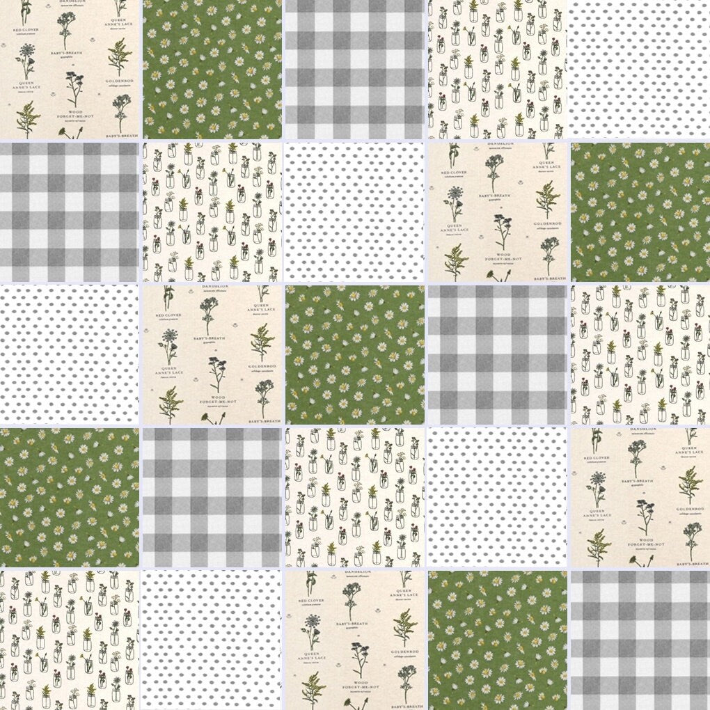 Pre Cut Rag Quilt KIT - daisy and floral, green, cream, gray gingham and white, farmhouse style