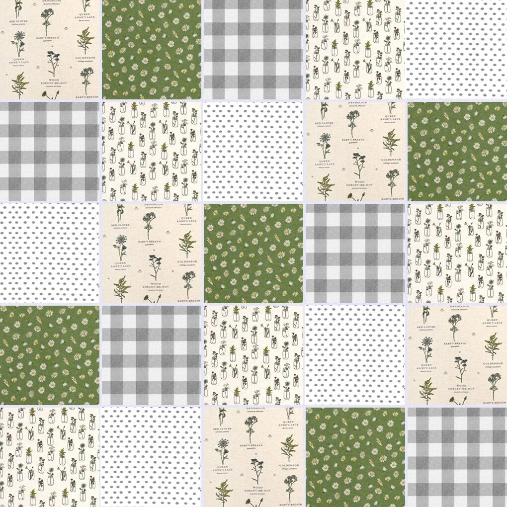 Pre Cut Rag Quilt KIT - Isabel's Garden~ daisy and floral, green, cream, gray gingham and white, farmhouse