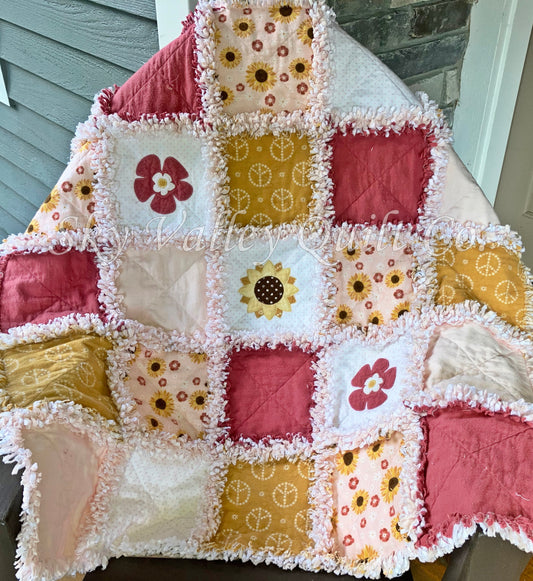 Pre cut Rag Quilt KIT- Peaceful sunflowers, gold maroon and pink, with diecuts!