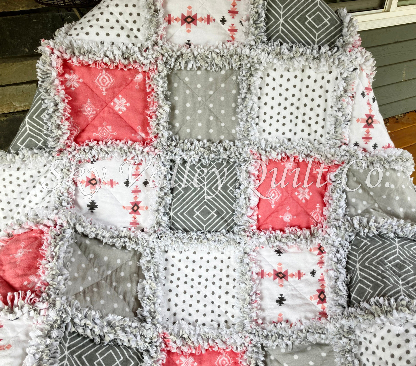 Pre Cut Rag Quilt KIT - coral Aztec, gray, white flannel