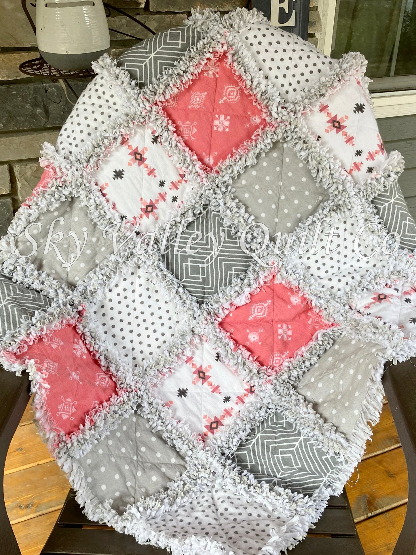 Pre Cut Rag Quilt KIT - coral Aztec, gray, white flannel