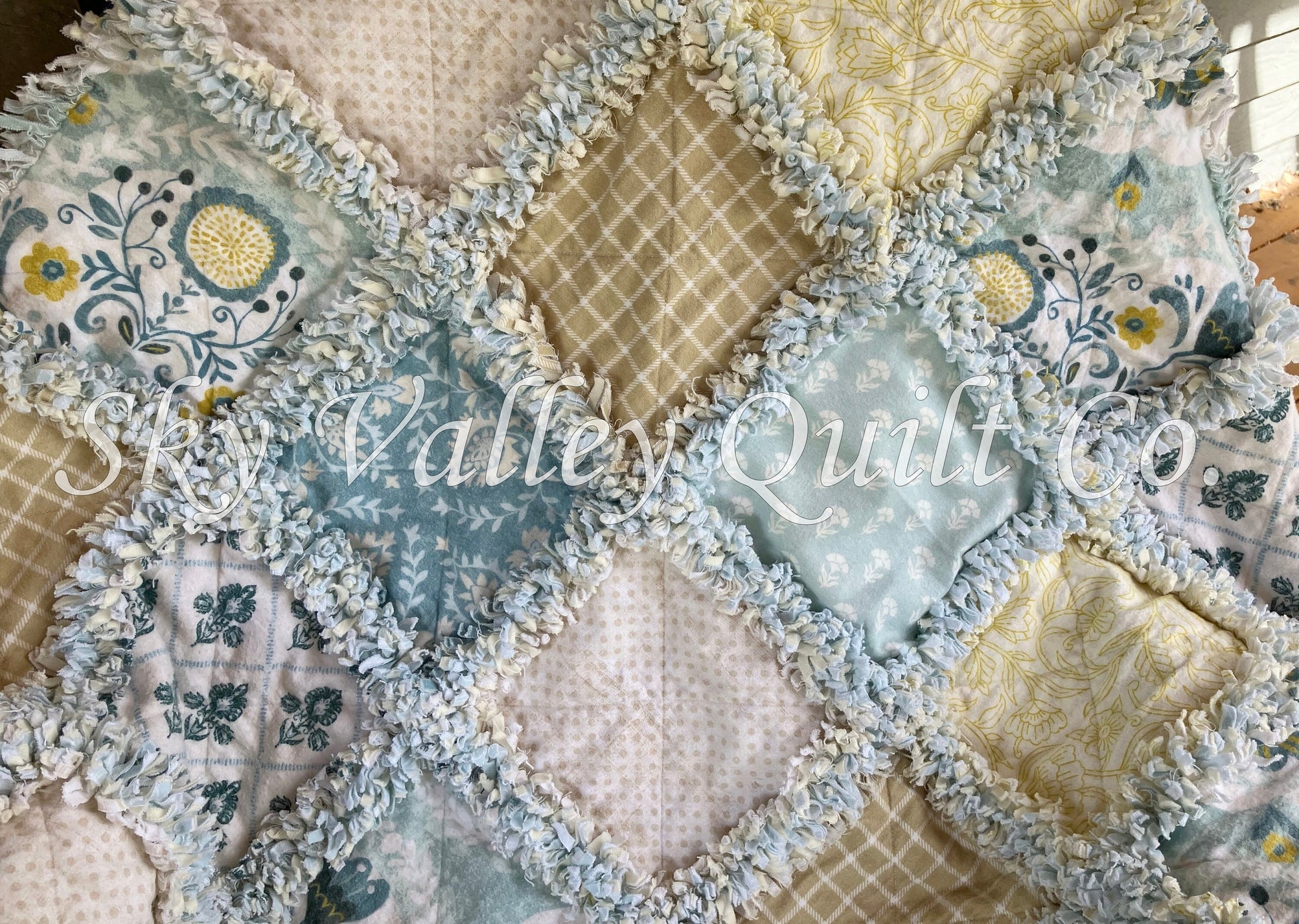Precut rag quilt KIT ~ seaside cottage florals blues, greens, tans and gold