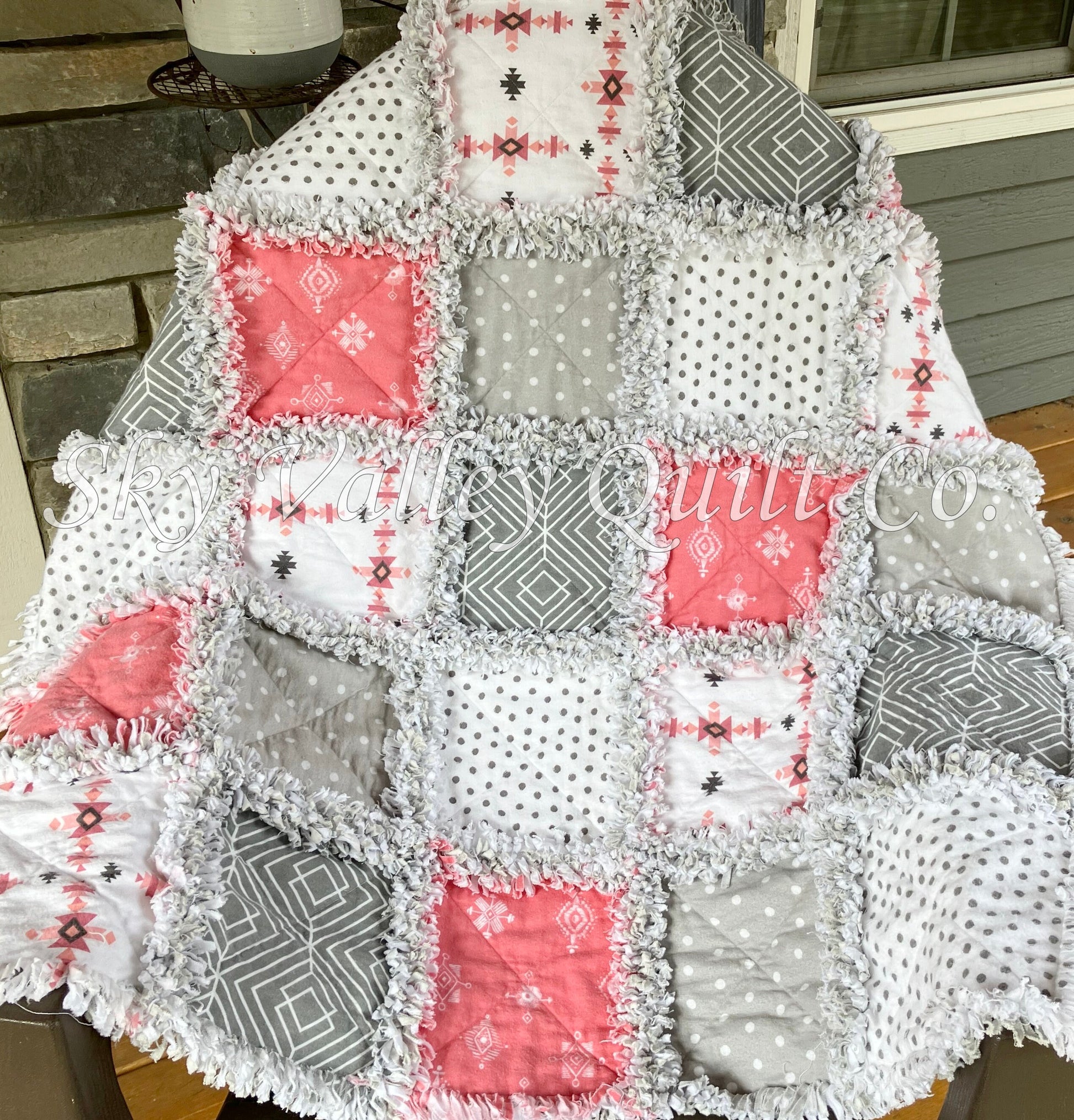 Pre Cut Rag Quilt KIT - coral Aztec, gray, white flannel