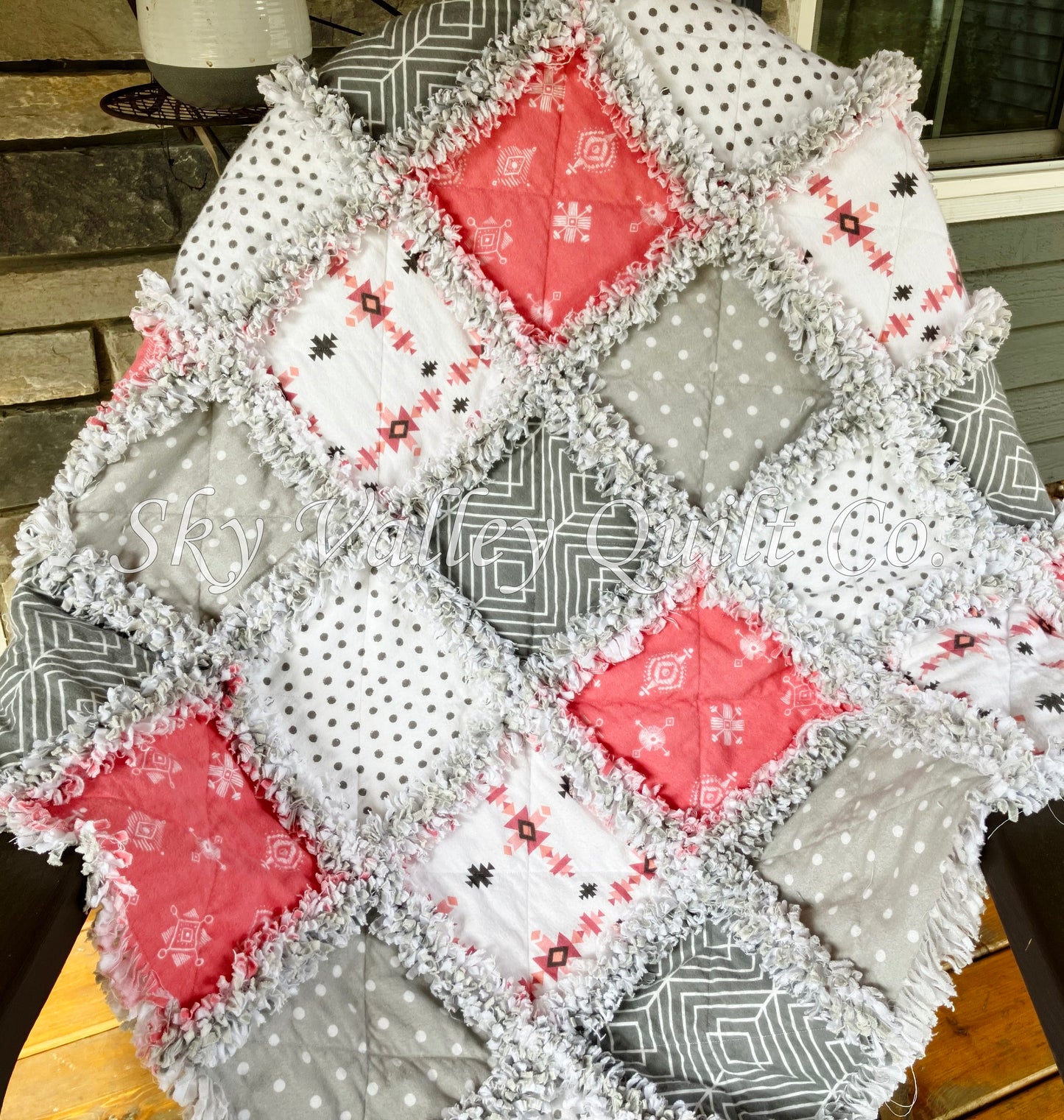 Pre Cut Rag Quilt KIT - coral Aztec, gray, white flannel