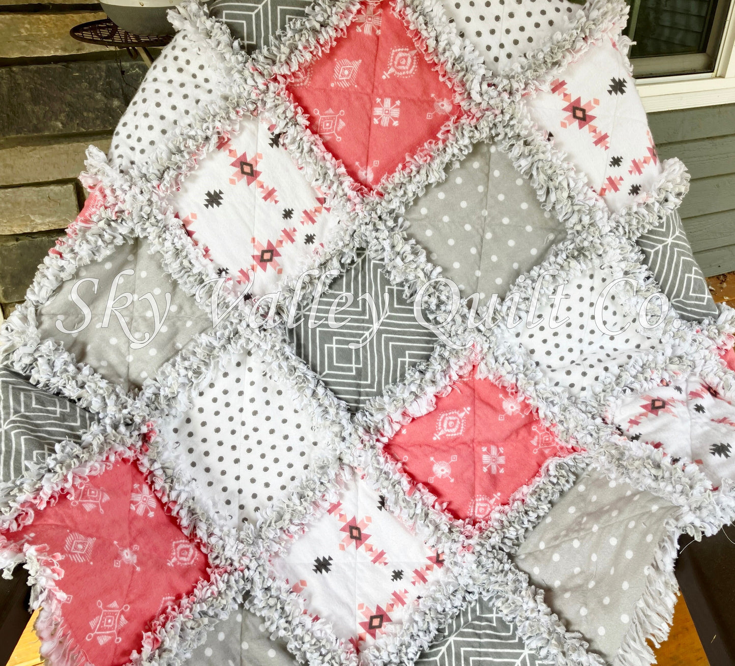 Pre Cut Rag Quilt KIT - coral Aztec, gray, white flannel