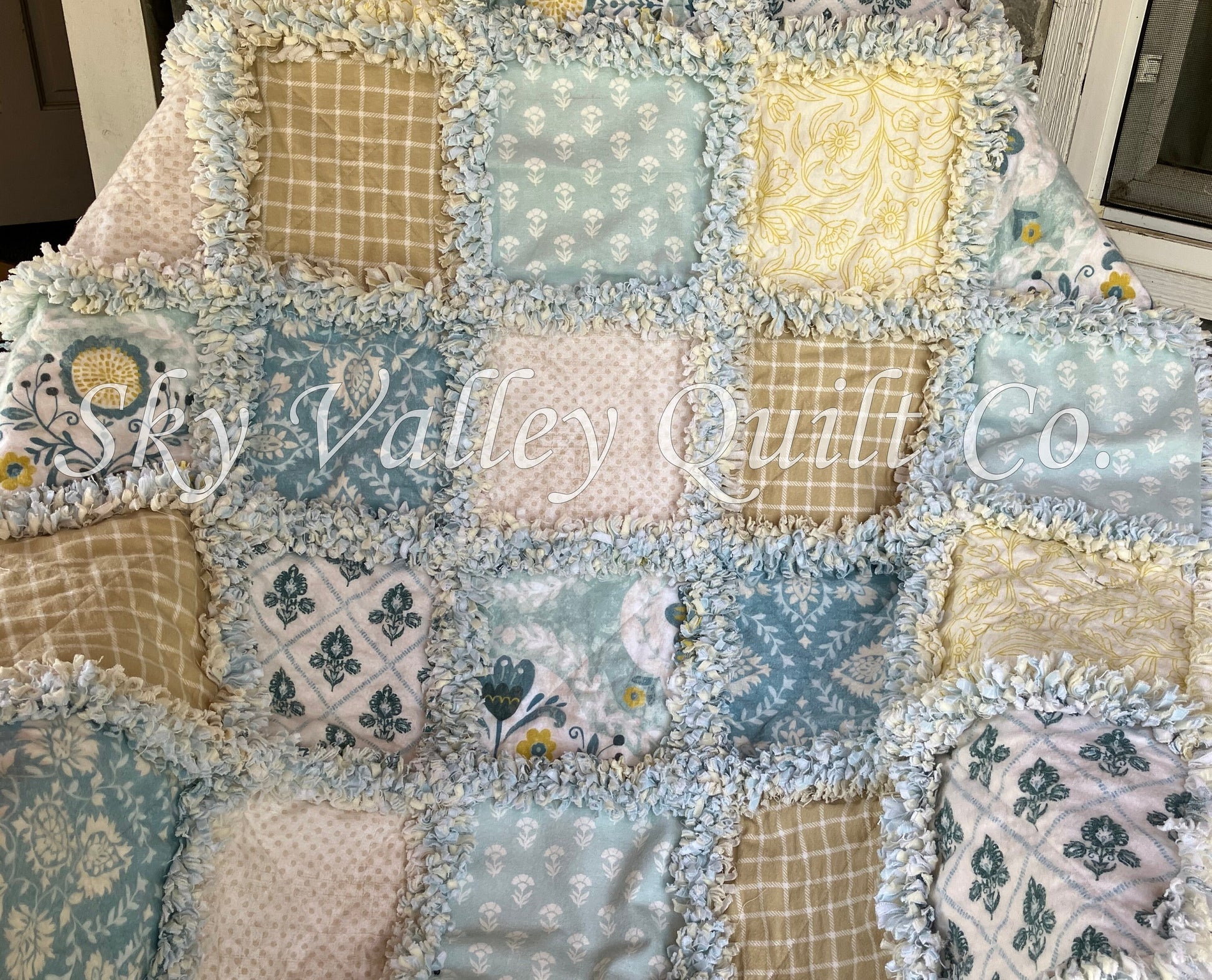 Precut rag quilt KIT ~ seaside cottage florals blues, greens, tans and gold