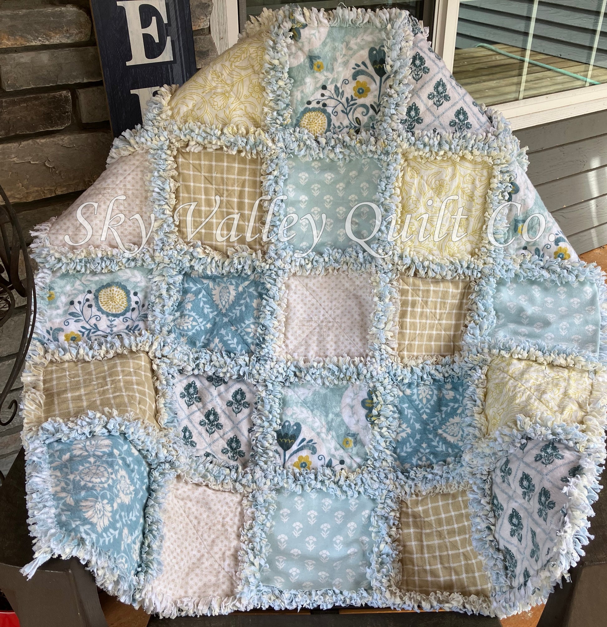 Finished rag quilt - seaside cottage florals blues, greens, tans and gold