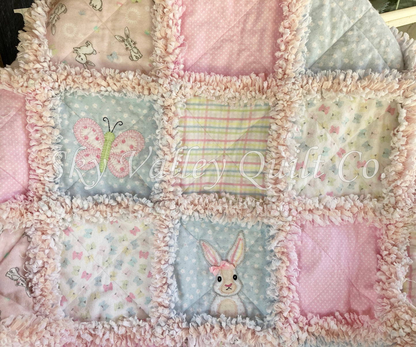 Pre cut Rag Quilt KIT-Sweet bunnies and butterflies, traditional Pastel Pink and blue flannel with diecuts!