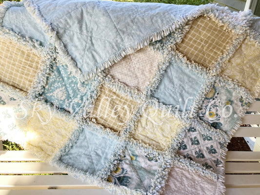 Finished rag quilt - seaside cottage florals blues, greens, tans and gold