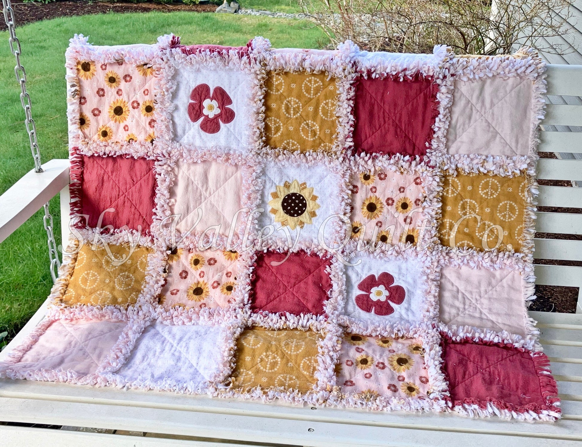 Finished and ready to ship Rag Quilt ~ Peaceful sunflowers, gold maroon and pink, with applique flowers!