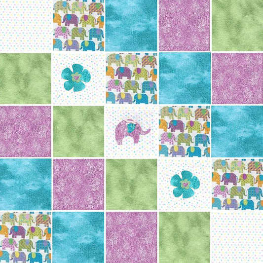 Pre Cut baby girl Rag Quilt KIT - bright lilac and teal/turquoise green Elephant parade, shower gift, nursery design