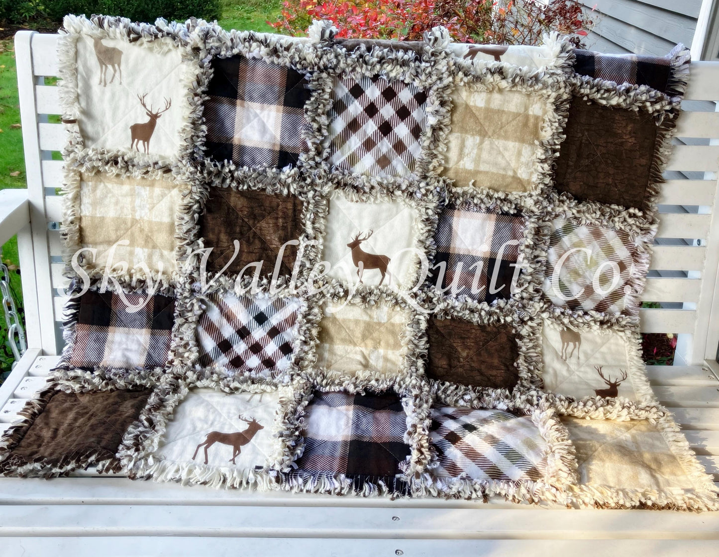 Precut rag quilt KIT ~ deer stag, hunting, brown cream plaids flannel