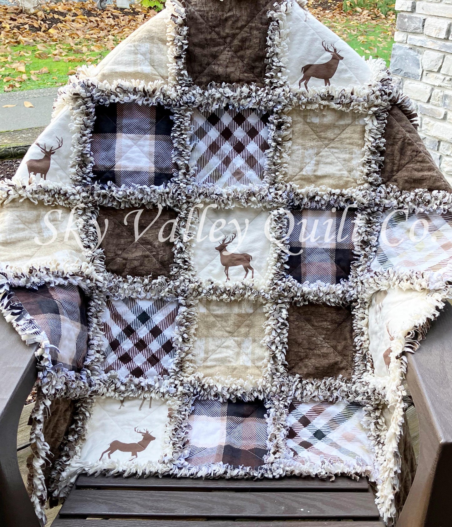 Precut rag quilt KIT ~ deer stag, hunting, brown cream plaids flannel