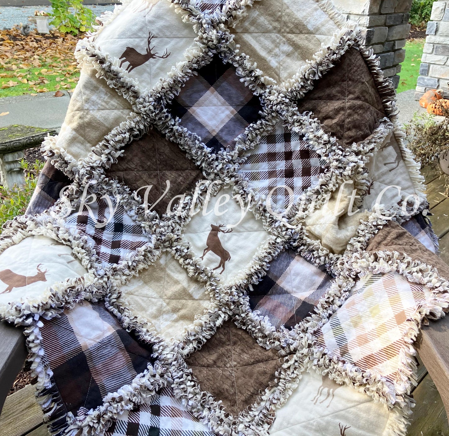 Precut rag quilt KIT ~ deer stag, hunting, brown cream plaids flannel