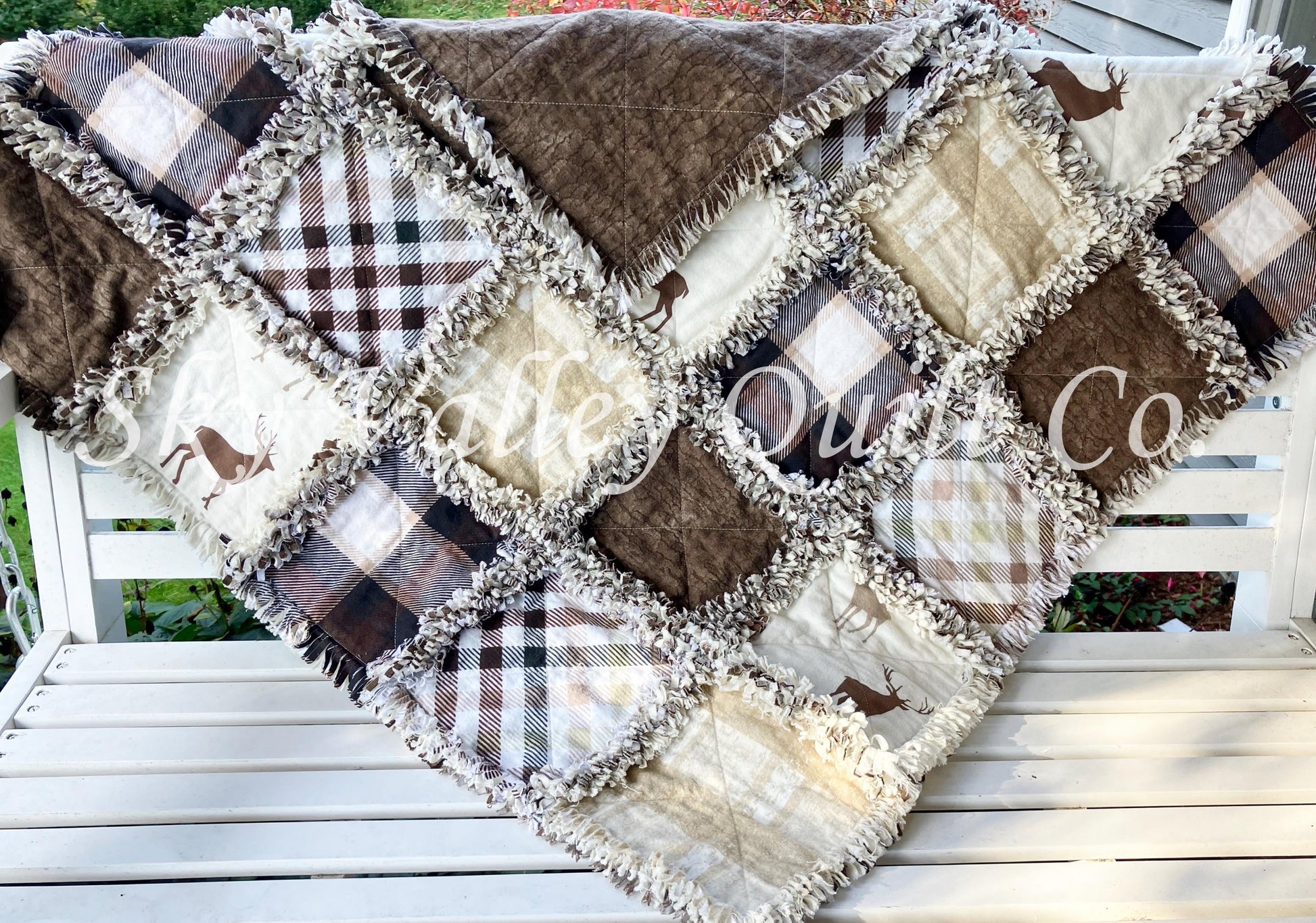 Precut rag quilt KIT ~ deer stag, hunting, brown cream plaids flannel