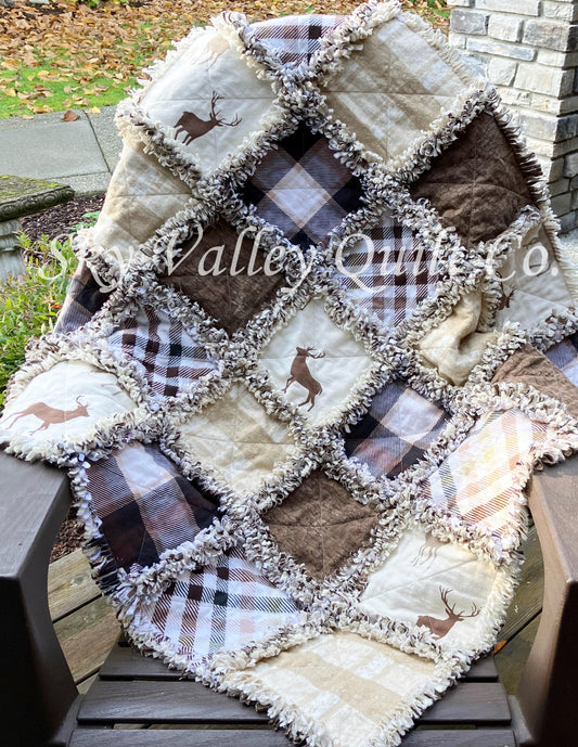 Precut rag quilt KIT ~ deer stag, hunting, brown cream plaids flannel