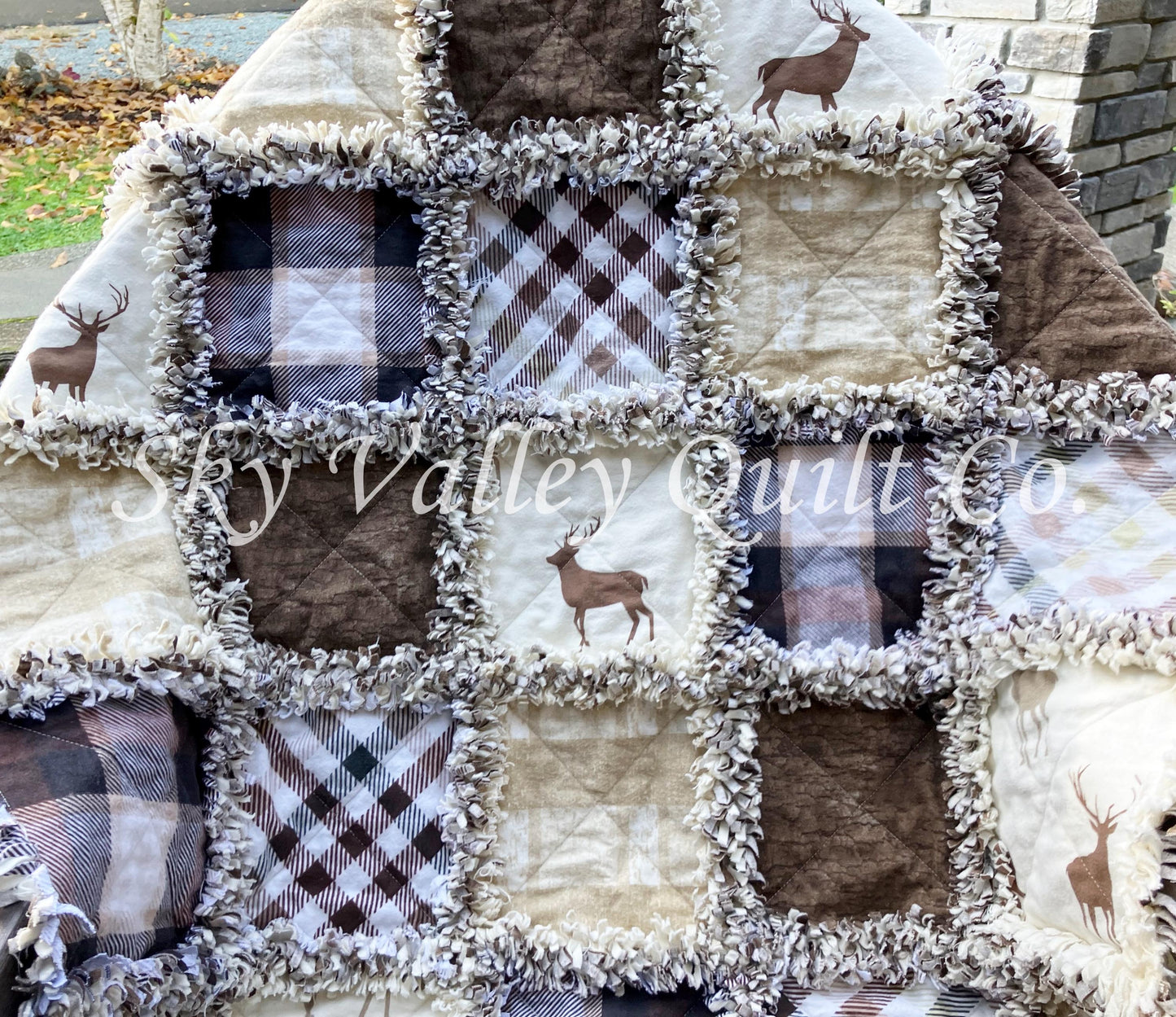 Precut rag quilt KIT ~ deer stag, hunting, brown cream plaids flannel