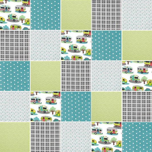 Pre cut Rag Quilt KIT ~ RV camping Trailers, teals, grays plaid and lime green dots