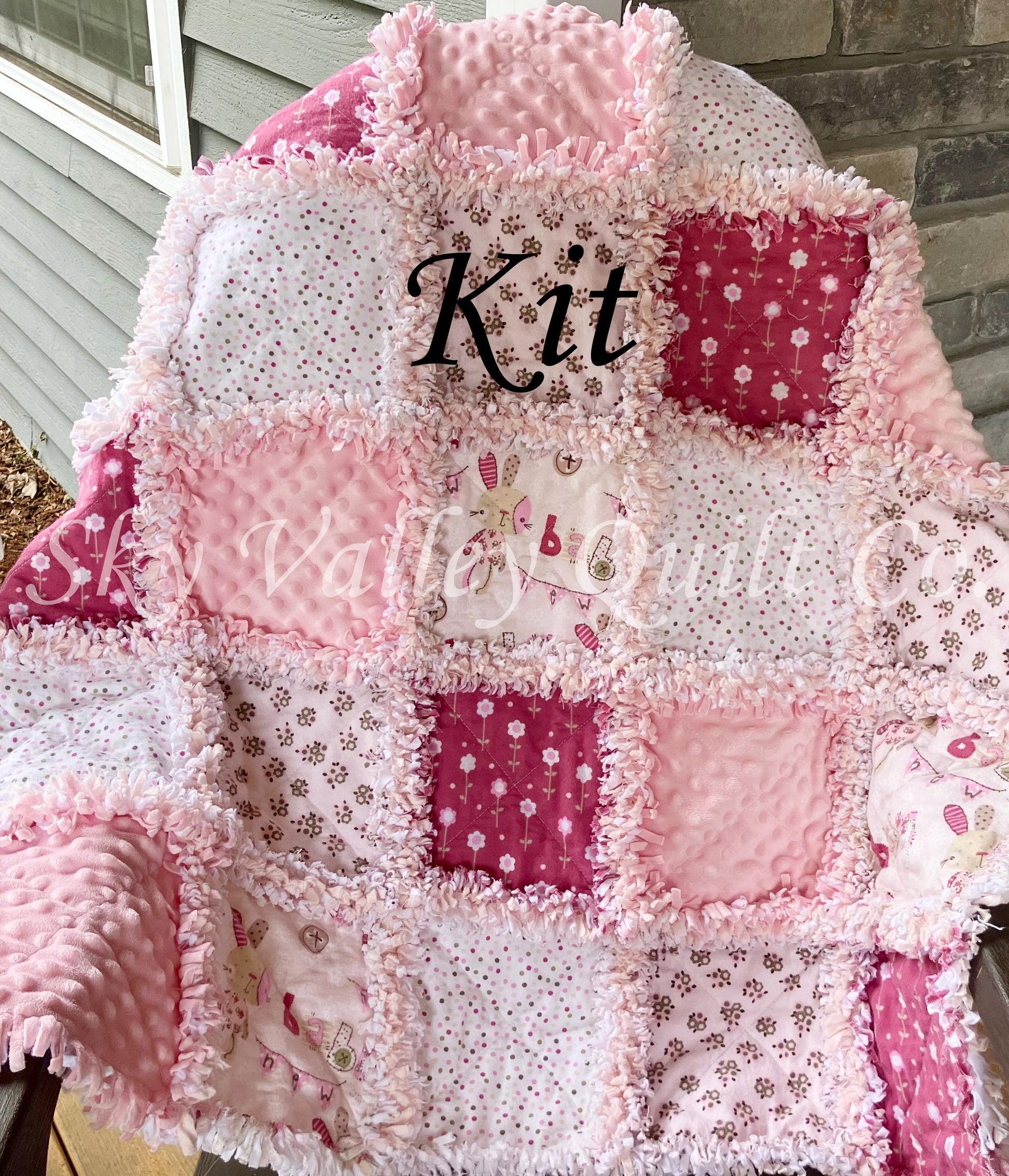 Pre Cut Rag Quilt KIT - rag bunnies in light pink and cranberry flannels, 3 layers!