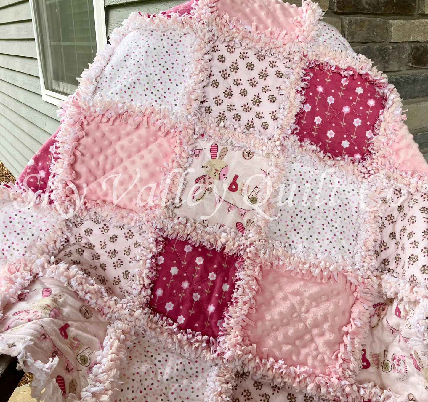 Pre Cut Rag Quilt KIT - rag bunnies in light pink and cranberry flannels, 3 layers!